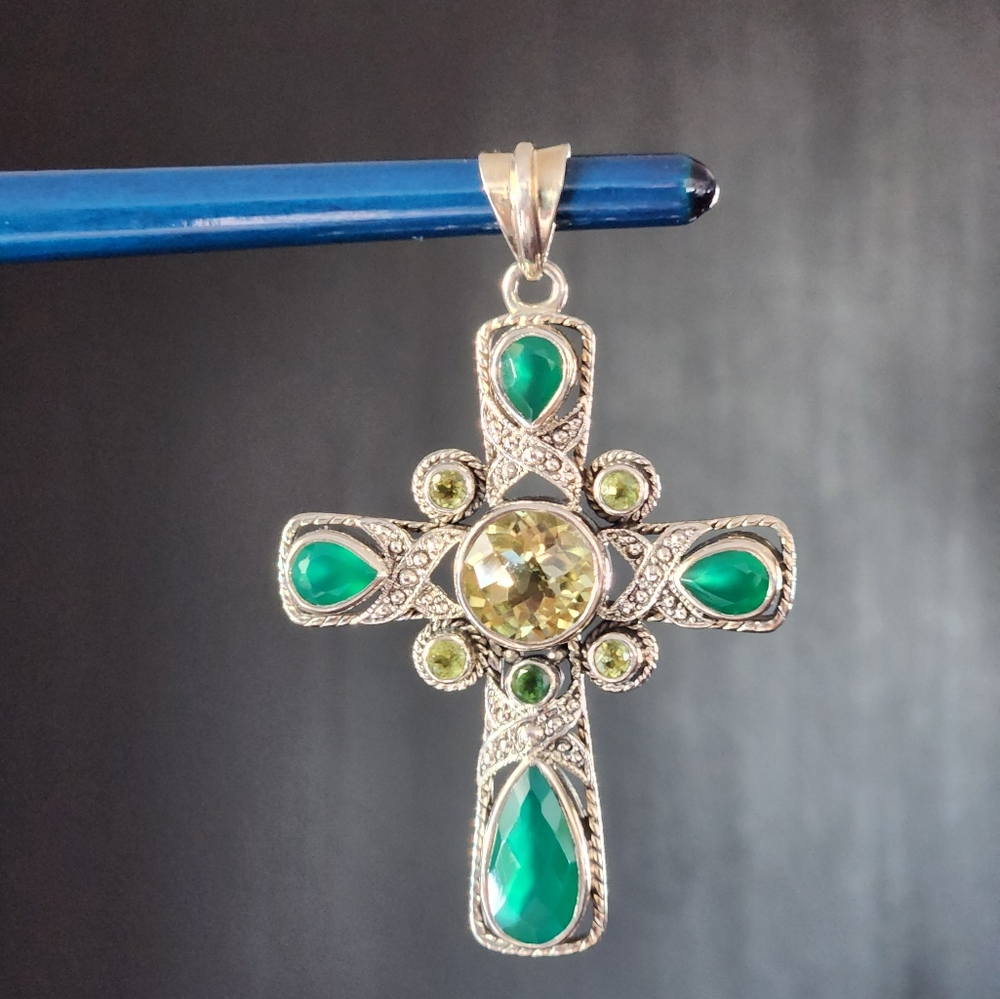 Nicky Butler Sterling Silver 925 Cross Pendant NB Green Chalcedony Peridot Topaz